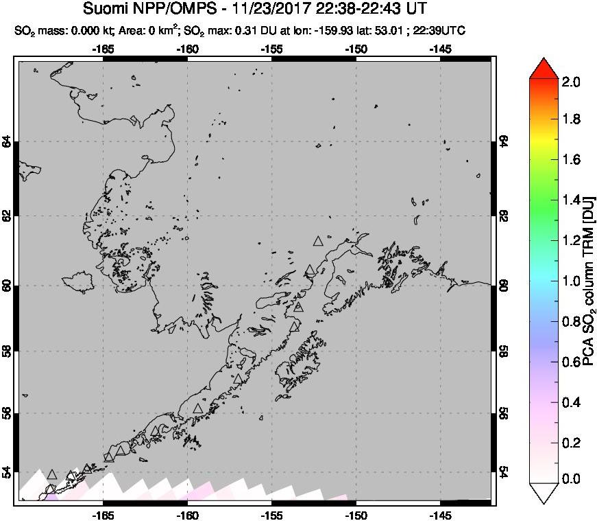 A sulfur dioxide image over Alaska, USA on Nov 23, 2017.