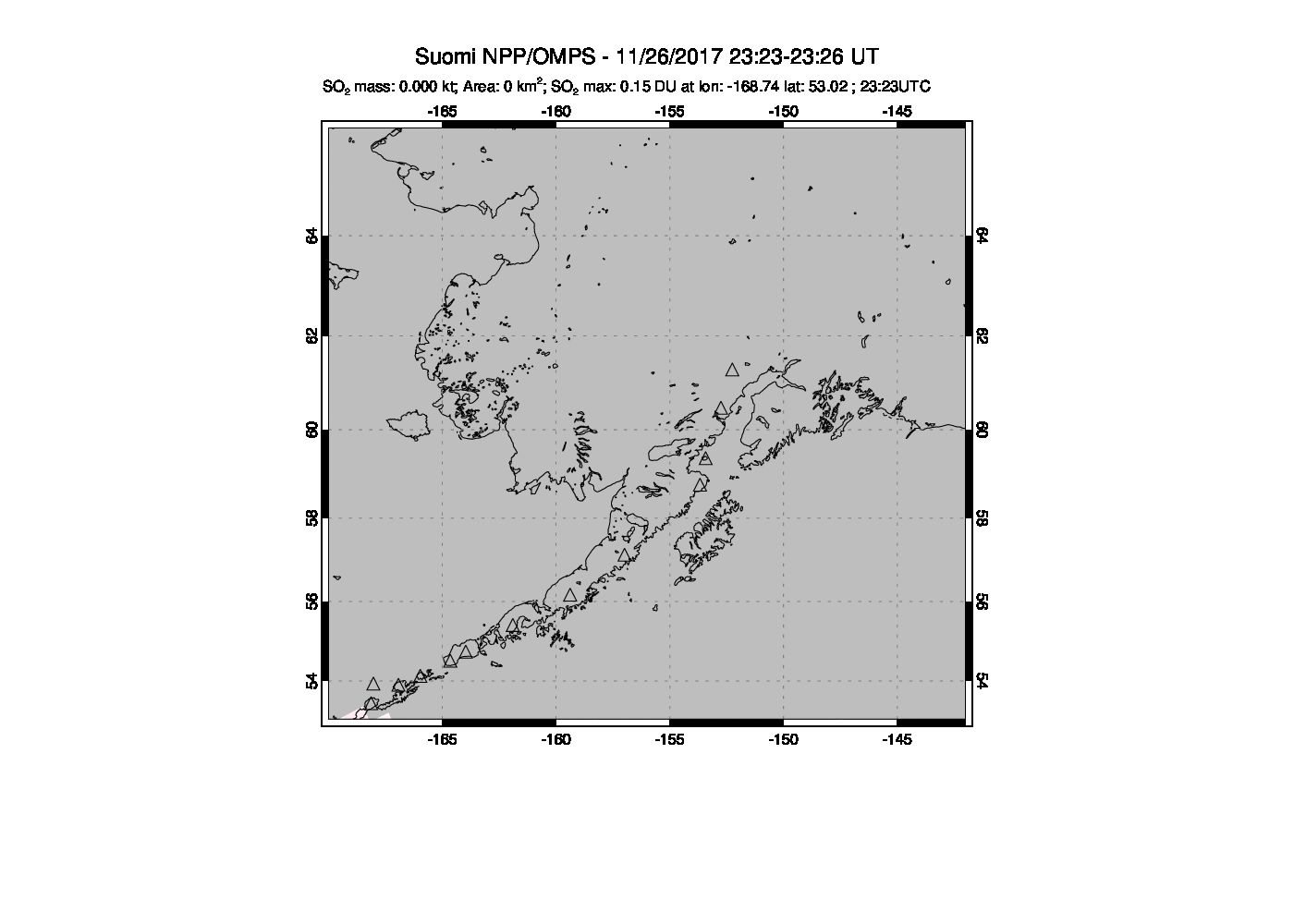 A sulfur dioxide image over Alaska, USA on Nov 26, 2017.