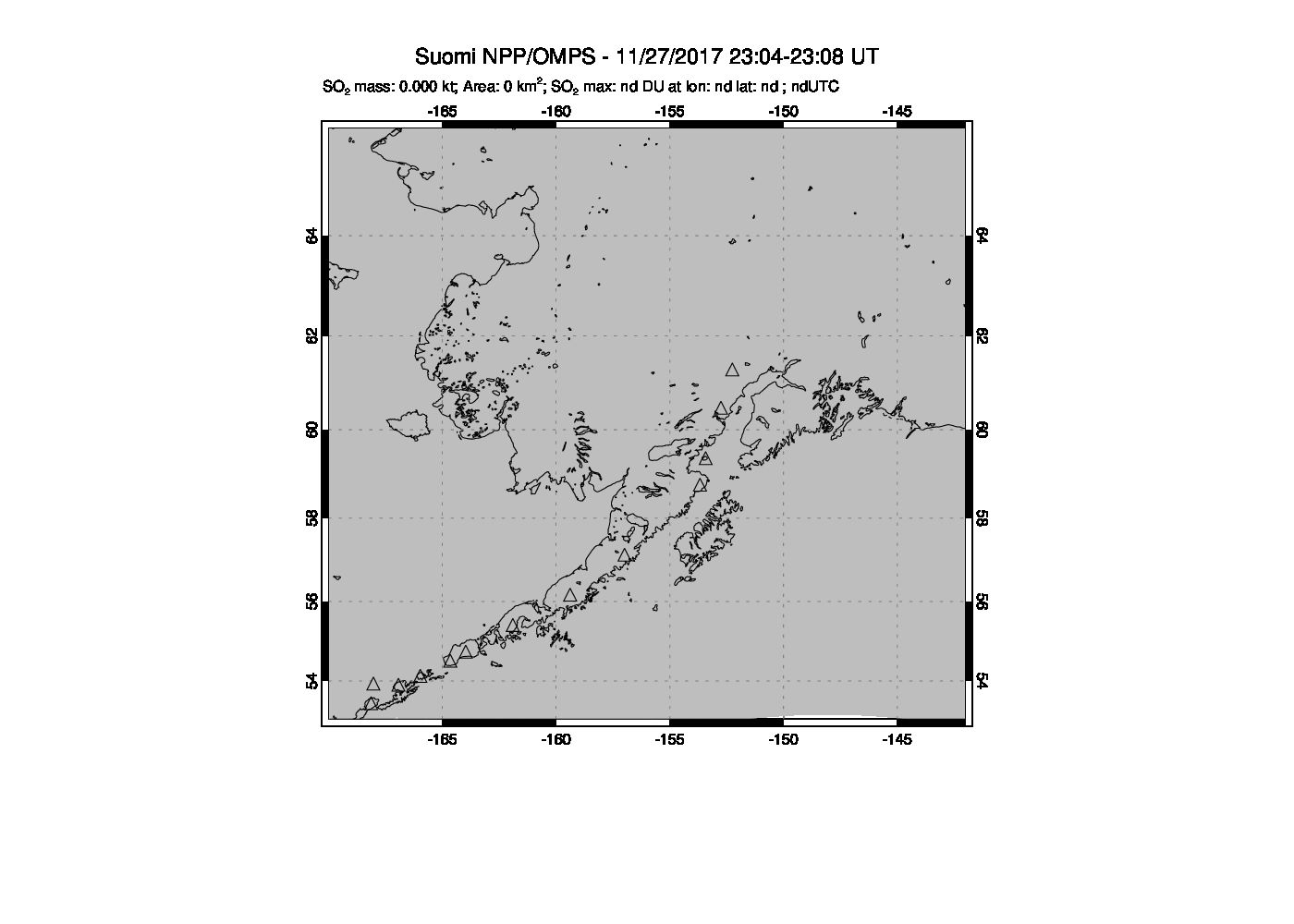 A sulfur dioxide image over Alaska, USA on Nov 27, 2017.
