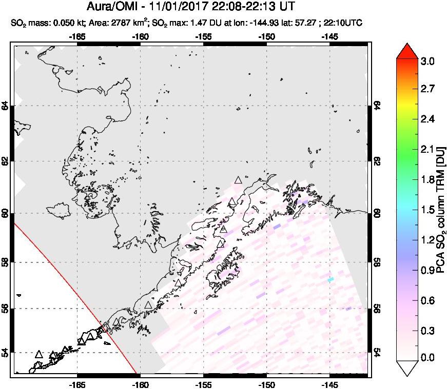 A sulfur dioxide image over Alaska, USA on Nov 01, 2017.