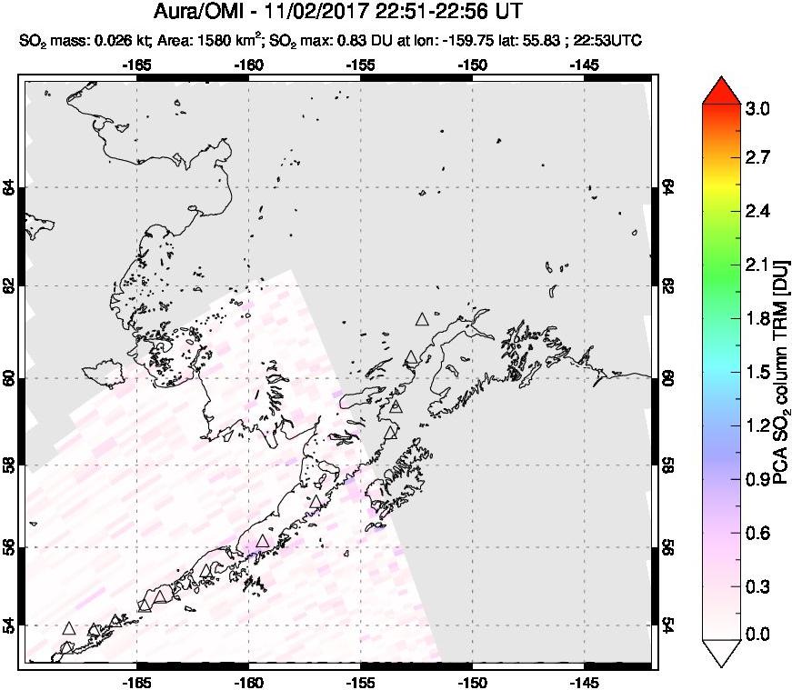 A sulfur dioxide image over Alaska, USA on Nov 02, 2017.