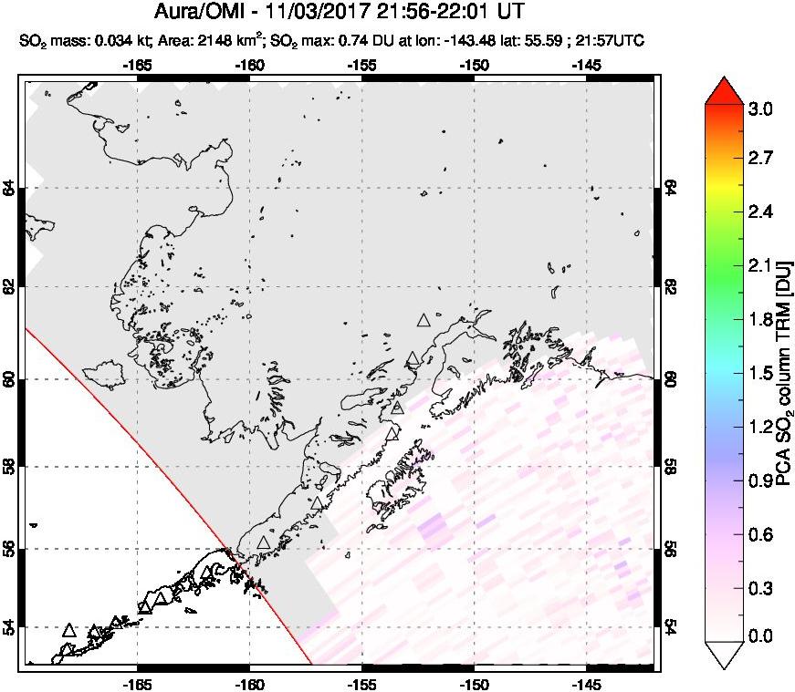 A sulfur dioxide image over Alaska, USA on Nov 03, 2017.