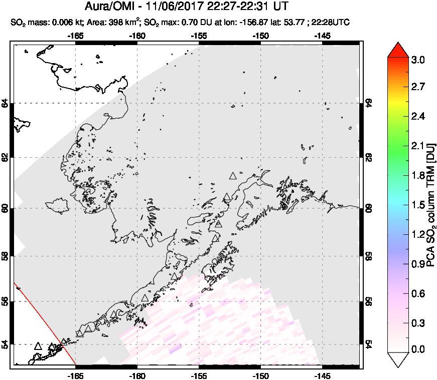 A sulfur dioxide image over Alaska, USA on Nov 06, 2017.
