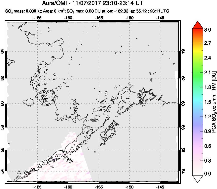 A sulfur dioxide image over Alaska, USA on Nov 07, 2017.