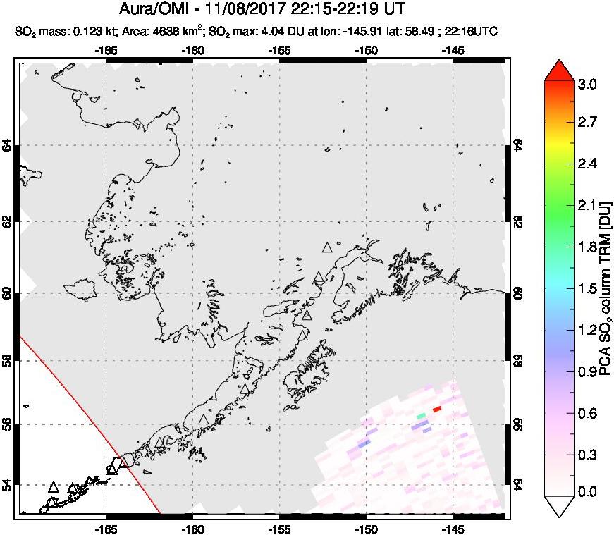 A sulfur dioxide image over Alaska, USA on Nov 08, 2017.