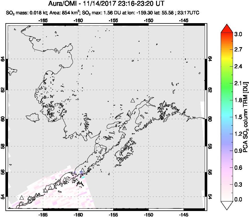 A sulfur dioxide image over Alaska, USA on Nov 14, 2017.