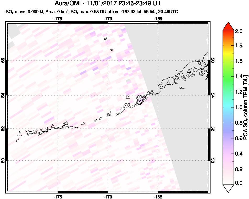A sulfur dioxide image over Aleutian Islands, Alaska, USA on Nov 01, 2017.
