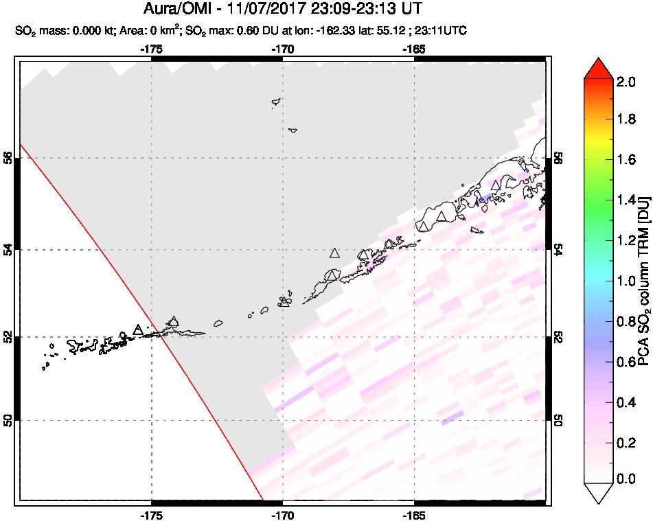 A sulfur dioxide image over Aleutian Islands, Alaska, USA on Nov 07, 2017.