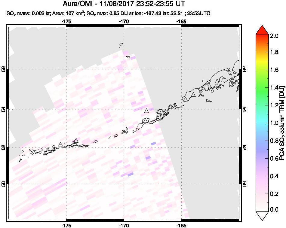 A sulfur dioxide image over Aleutian Islands, Alaska, USA on Nov 08, 2017.