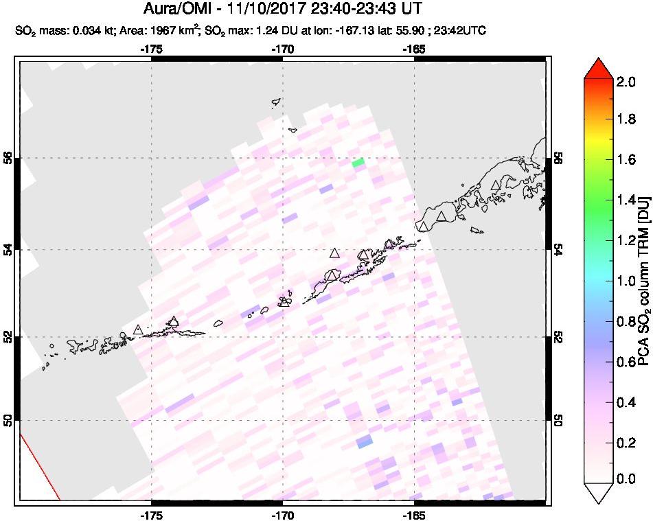 A sulfur dioxide image over Aleutian Islands, Alaska, USA on Nov 10, 2017.