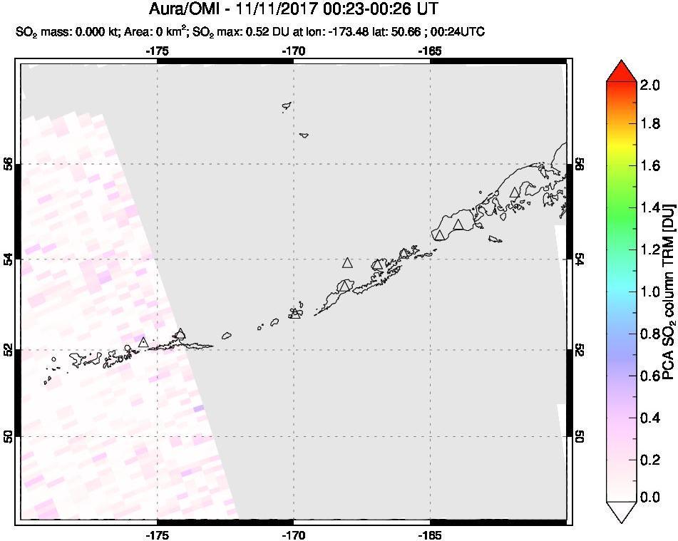 A sulfur dioxide image over Aleutian Islands, Alaska, USA on Nov 11, 2017.