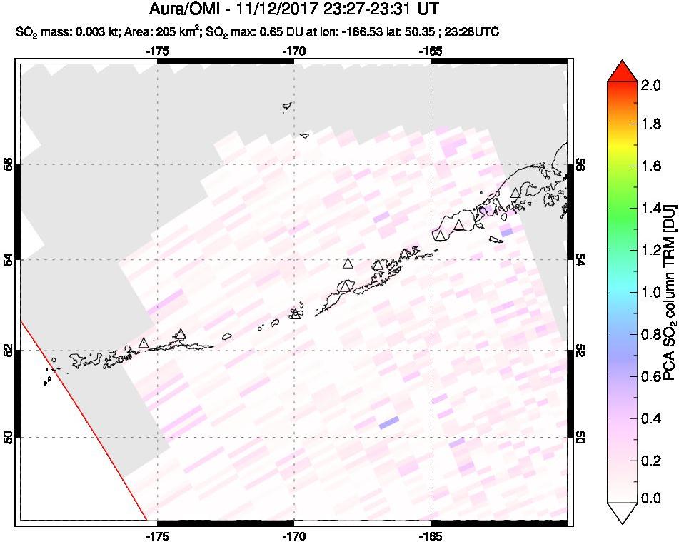 A sulfur dioxide image over Aleutian Islands, Alaska, USA on Nov 12, 2017.