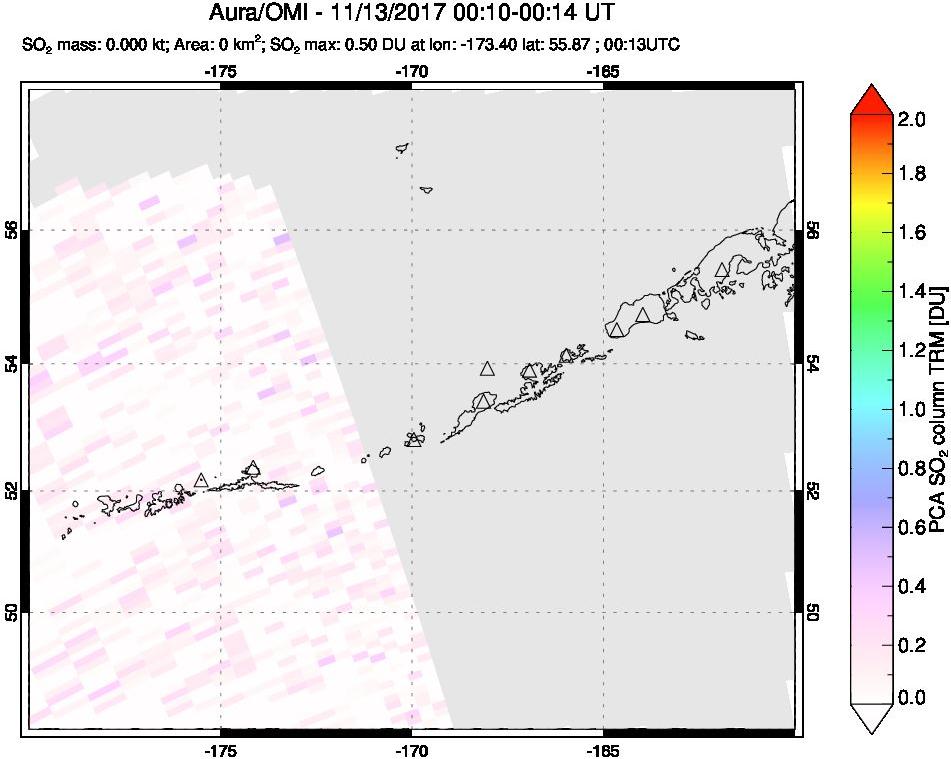 A sulfur dioxide image over Aleutian Islands, Alaska, USA on Nov 13, 2017.