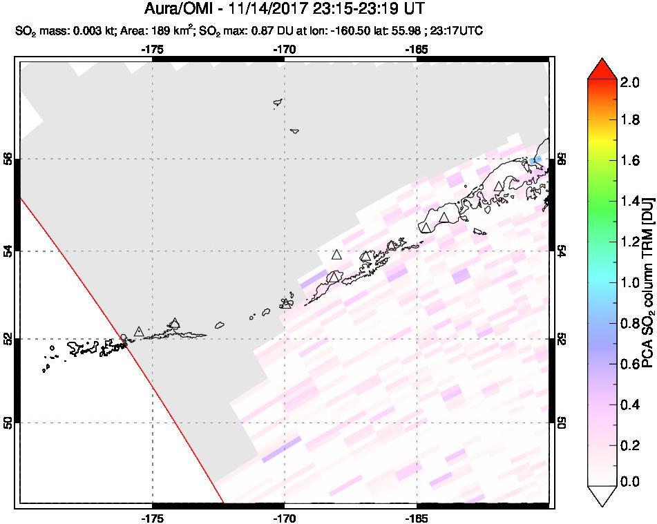 A sulfur dioxide image over Aleutian Islands, Alaska, USA on Nov 14, 2017.