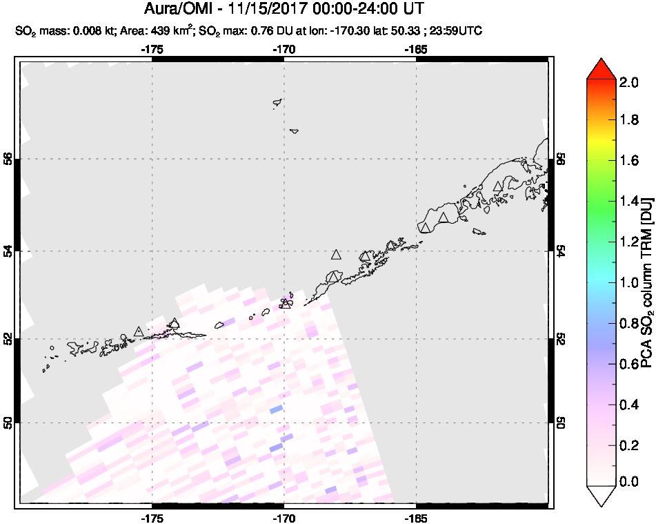 A sulfur dioxide image over Aleutian Islands, Alaska, USA on Nov 15, 2017.
