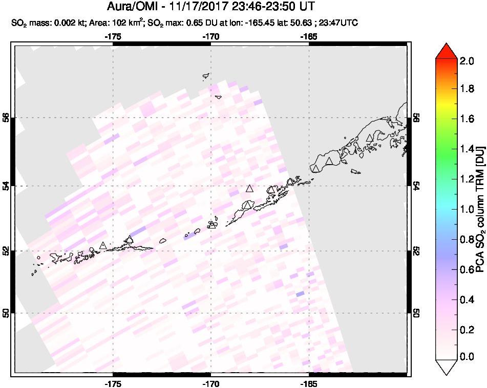 A sulfur dioxide image over Aleutian Islands, Alaska, USA on Nov 17, 2017.