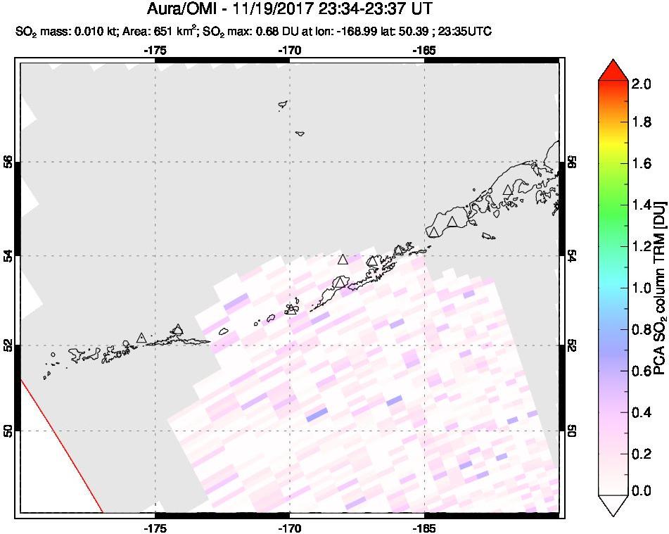 A sulfur dioxide image over Aleutian Islands, Alaska, USA on Nov 19, 2017.