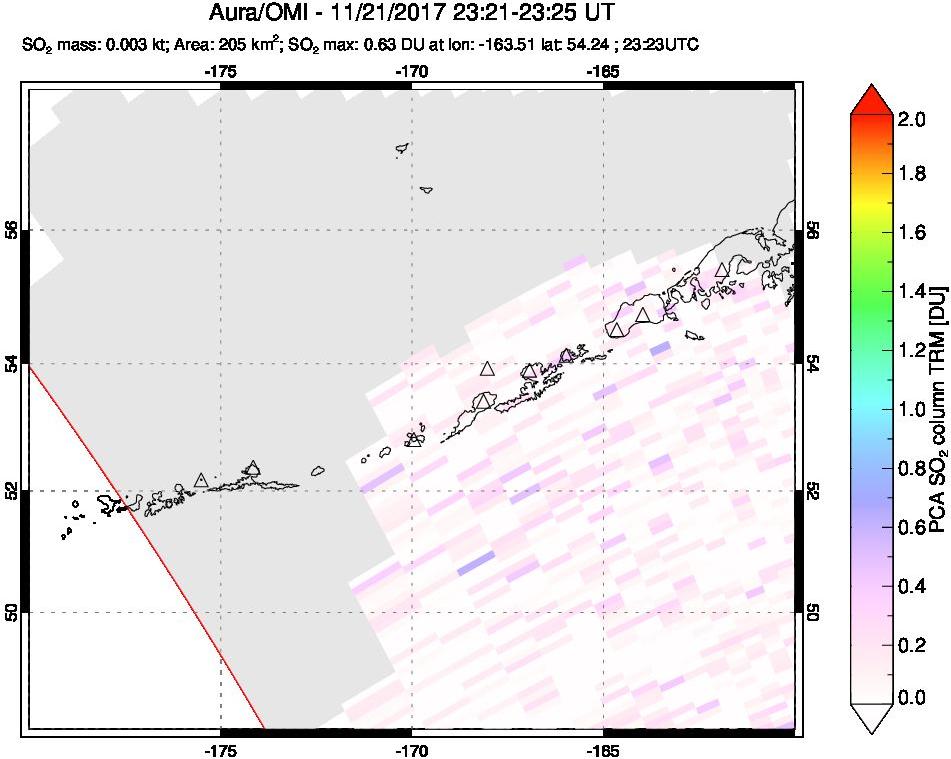 A sulfur dioxide image over Aleutian Islands, Alaska, USA on Nov 21, 2017.