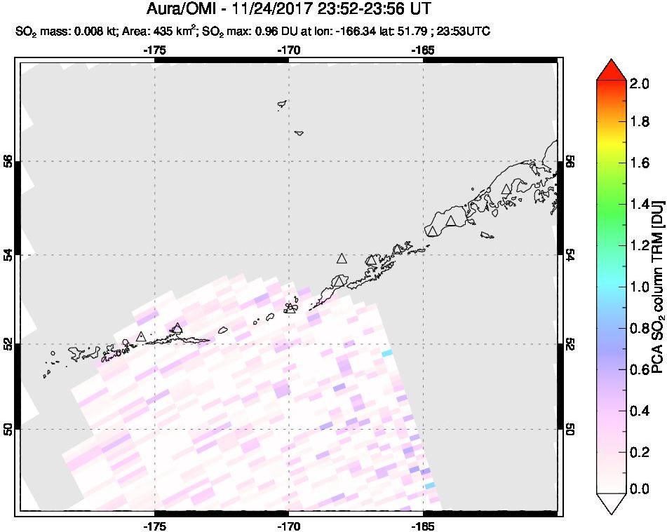 A sulfur dioxide image over Aleutian Islands, Alaska, USA on Nov 24, 2017.