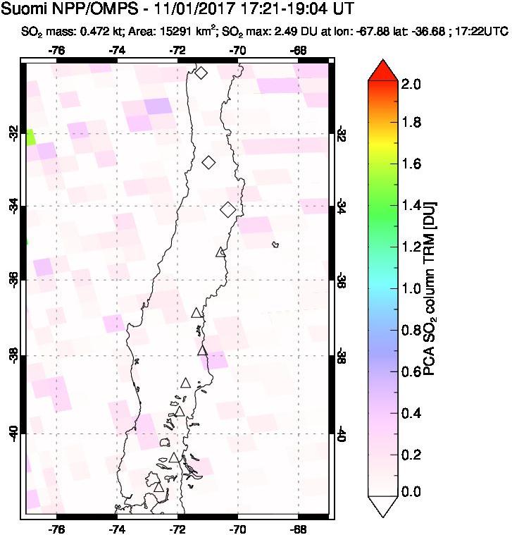 A sulfur dioxide image over Central Chile on Nov 01, 2017.