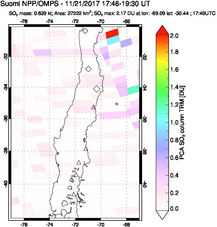 A sulfur dioxide image over Central Chile on Nov 21, 2017.