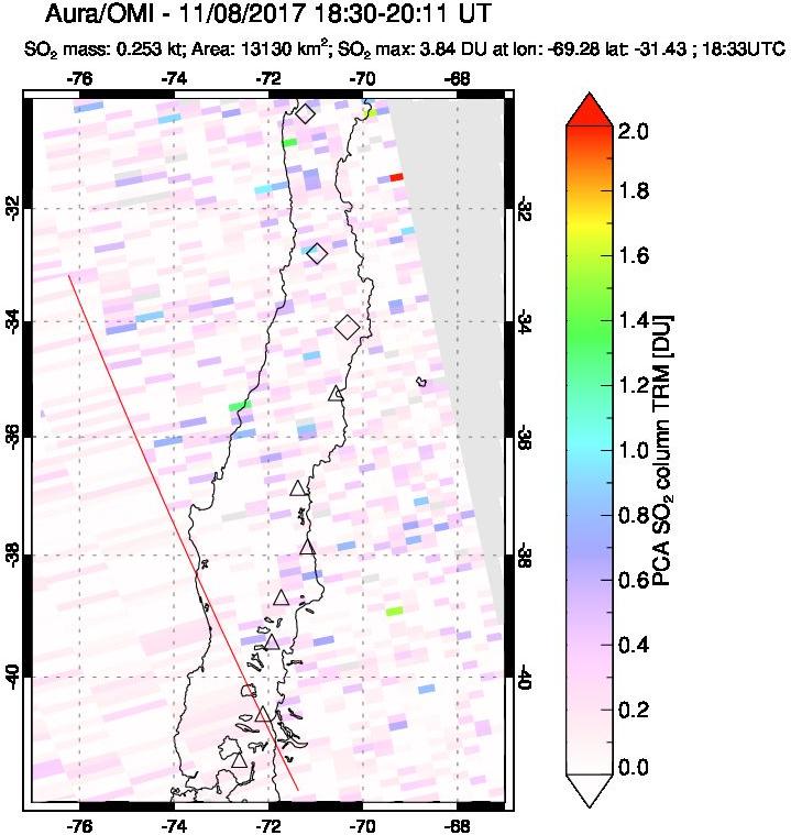 A sulfur dioxide image over Central Chile on Nov 08, 2017.