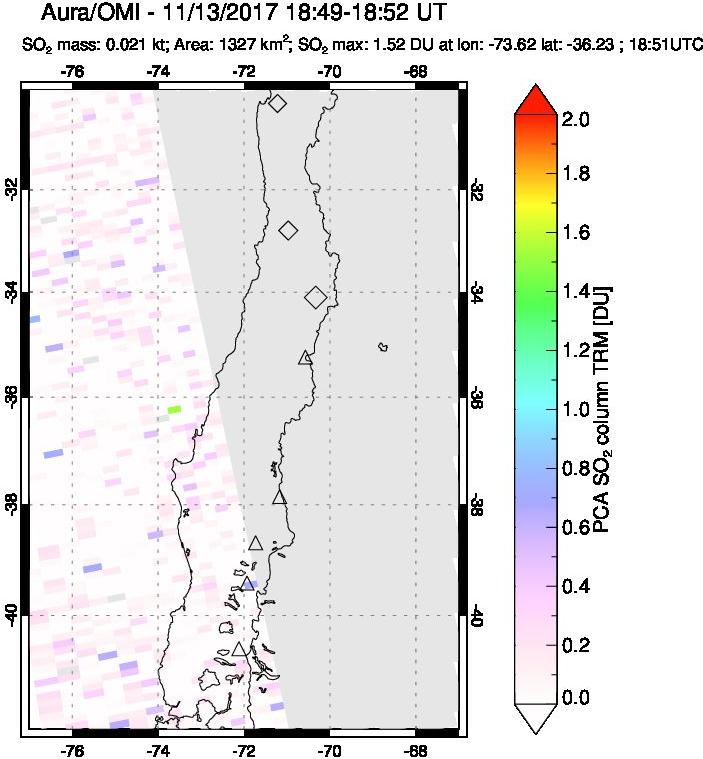 A sulfur dioxide image over Central Chile on Nov 13, 2017.