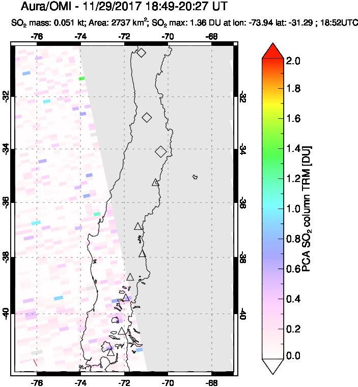 A sulfur dioxide image over Central Chile on Nov 29, 2017.