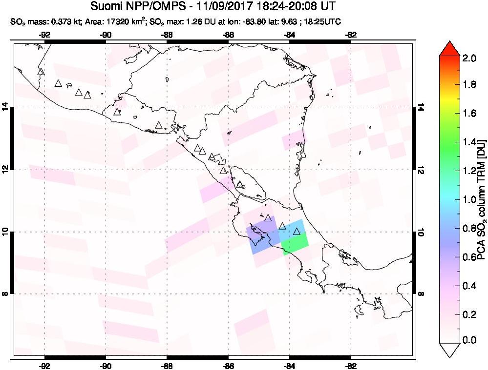 A sulfur dioxide image over Central America on Nov 09, 2017.