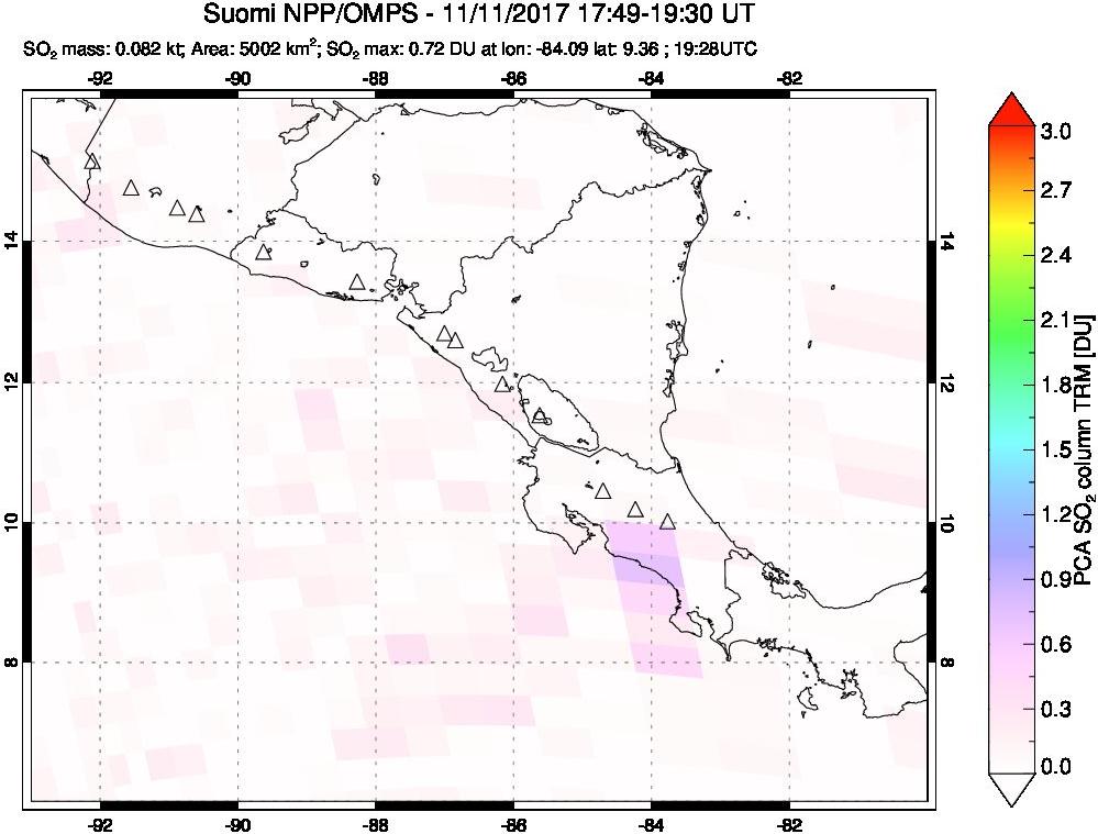 A sulfur dioxide image over Central America on Nov 11, 2017.