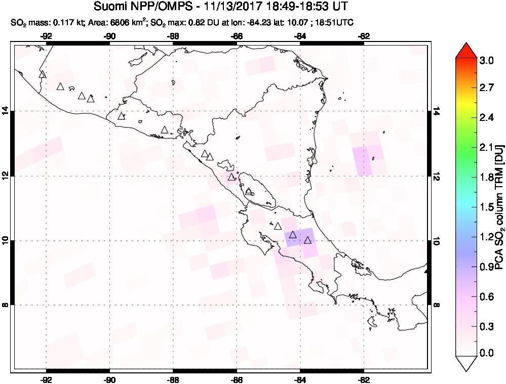 A sulfur dioxide image over Central America on Nov 13, 2017.