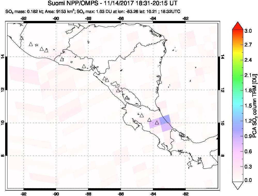 A sulfur dioxide image over Central America on Nov 14, 2017.
