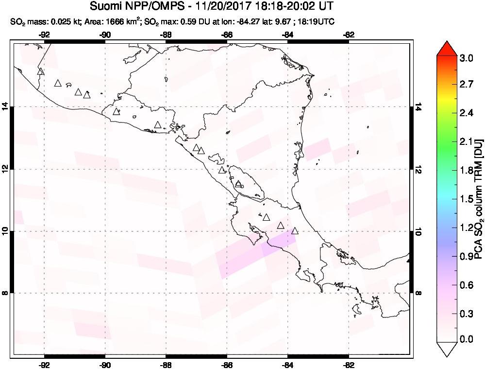 A sulfur dioxide image over Central America on Nov 20, 2017.