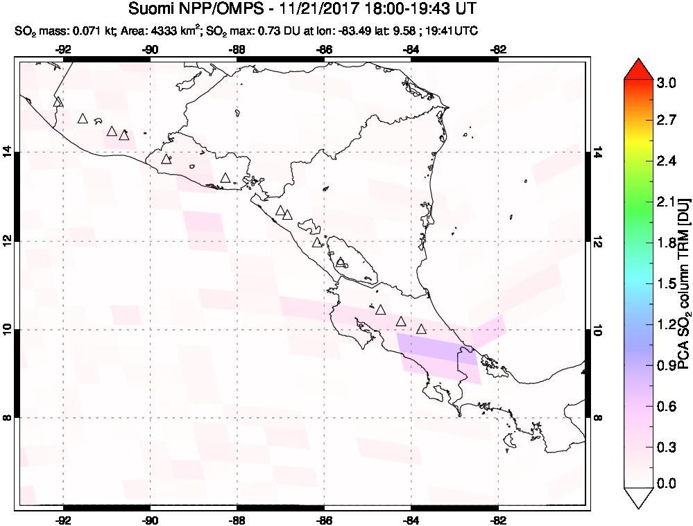 A sulfur dioxide image over Central America on Nov 21, 2017.