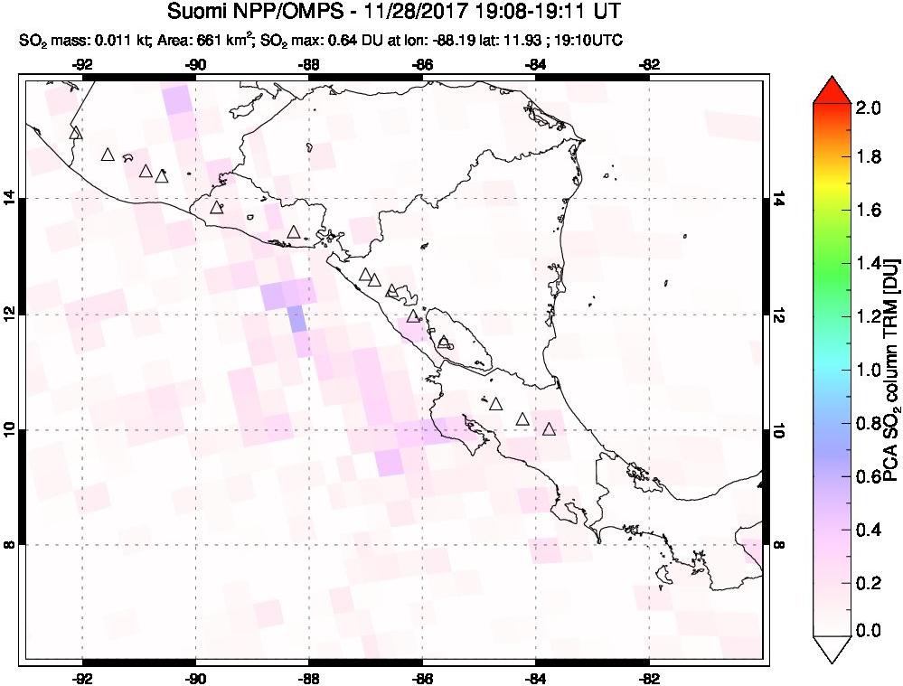 A sulfur dioxide image over Central America on Nov 28, 2017.