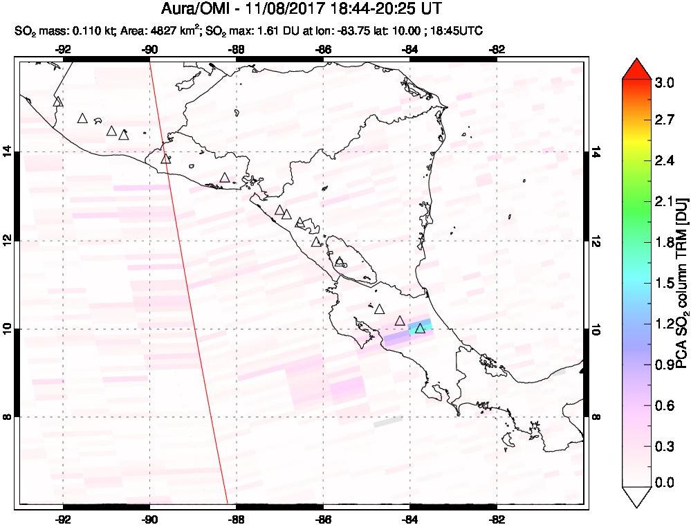 A sulfur dioxide image over Central America on Nov 08, 2017.