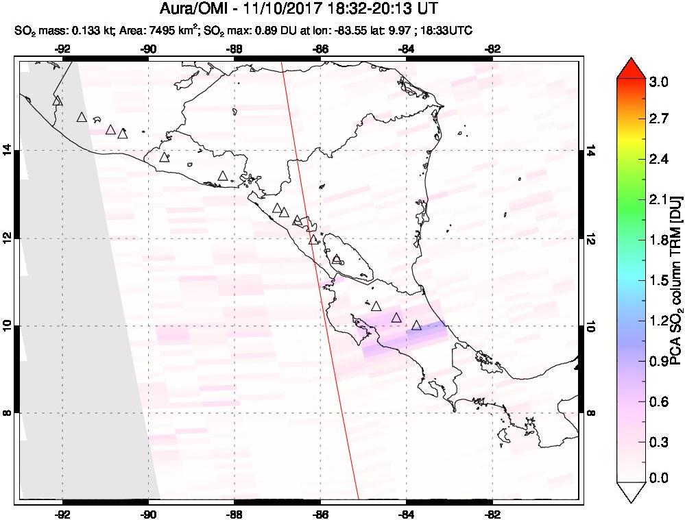 A sulfur dioxide image over Central America on Nov 10, 2017.