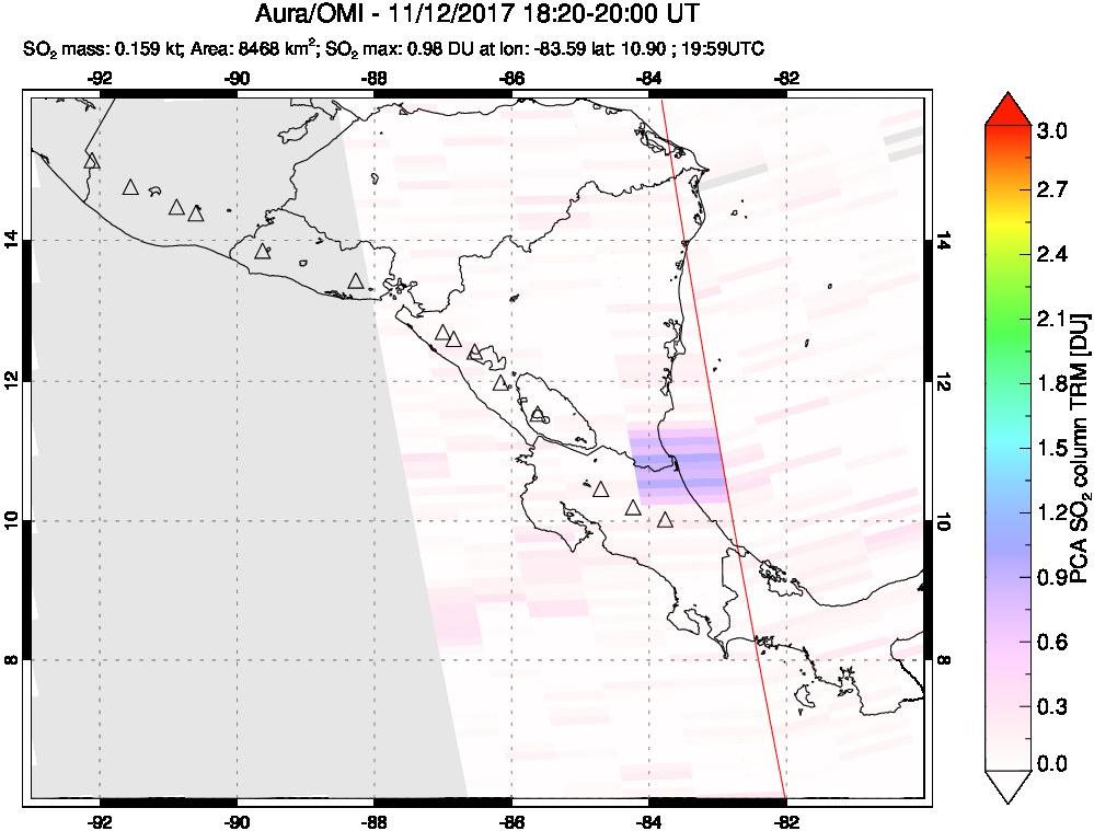 A sulfur dioxide image over Central America on Nov 12, 2017.