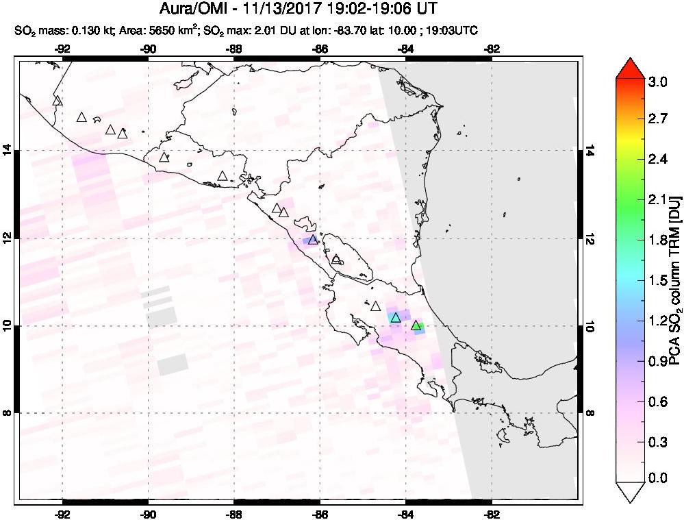 A sulfur dioxide image over Central America on Nov 13, 2017.