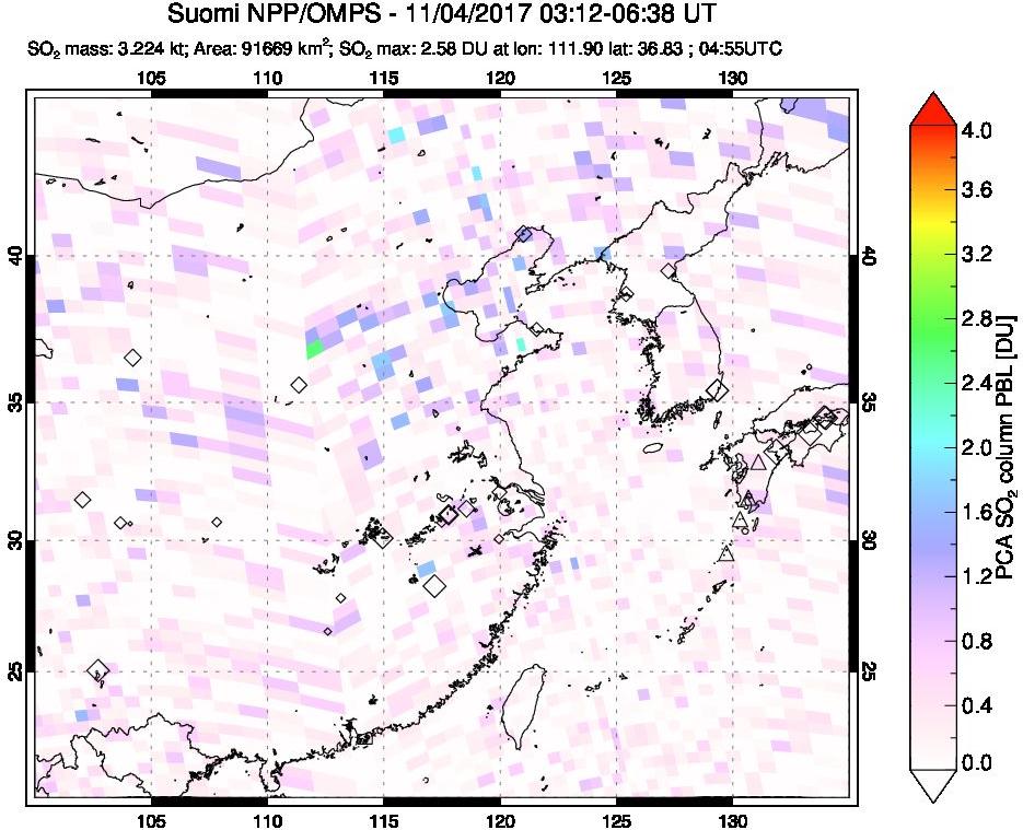 A sulfur dioxide image over Eastern China on Nov 04, 2017.