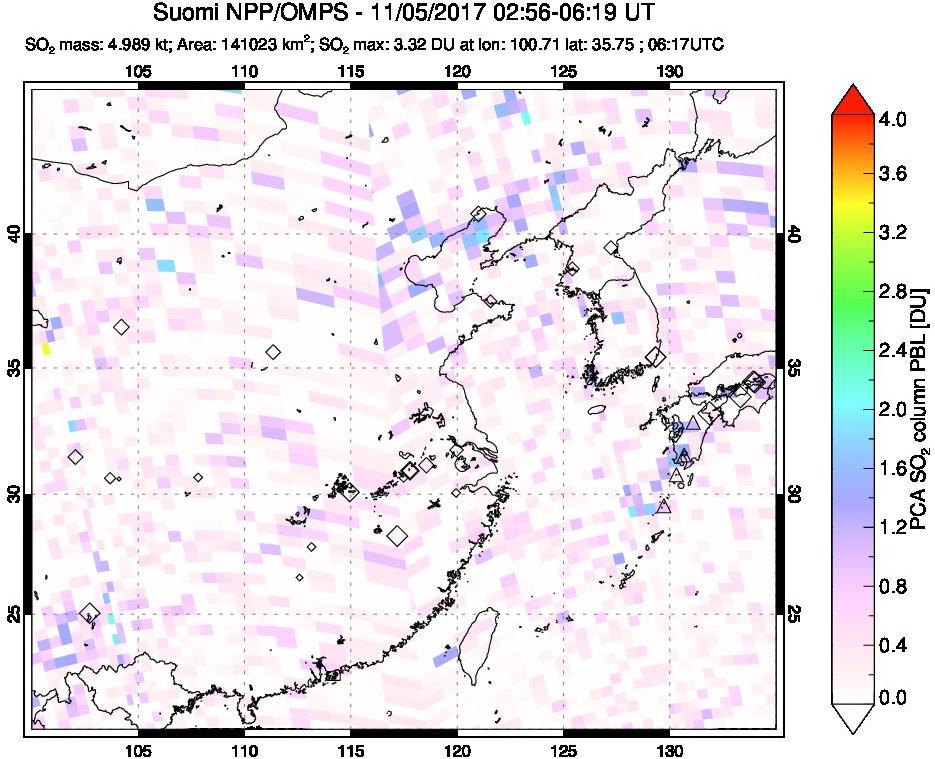 A sulfur dioxide image over Eastern China on Nov 05, 2017.