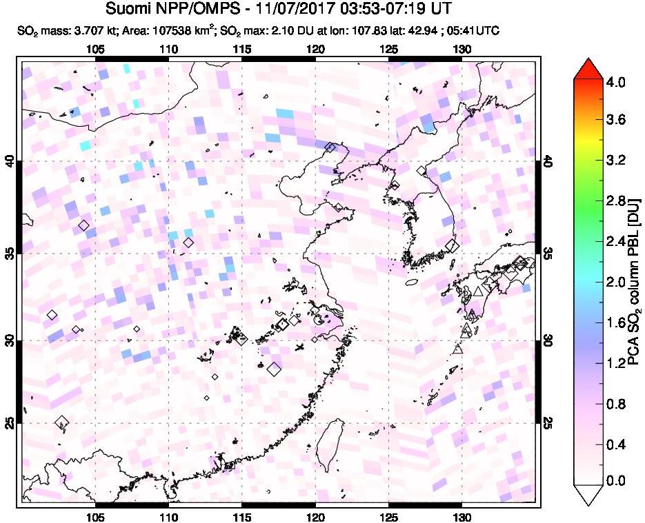 A sulfur dioxide image over Eastern China on Nov 07, 2017.
