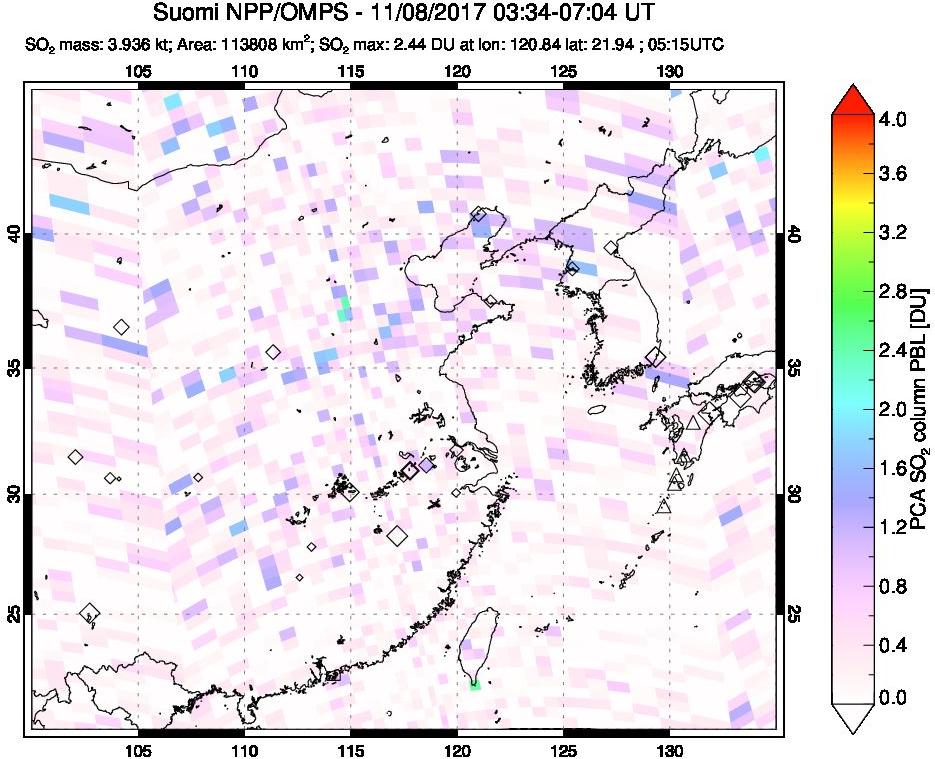 A sulfur dioxide image over Eastern China on Nov 08, 2017.
