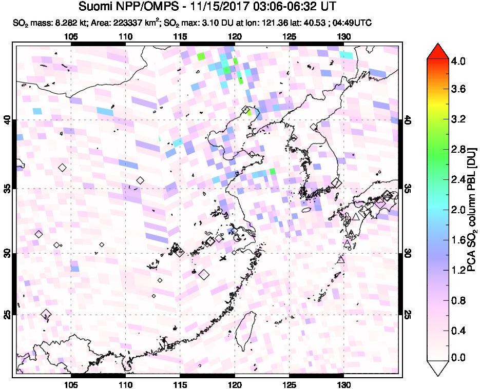 A sulfur dioxide image over Eastern China on Nov 15, 2017.