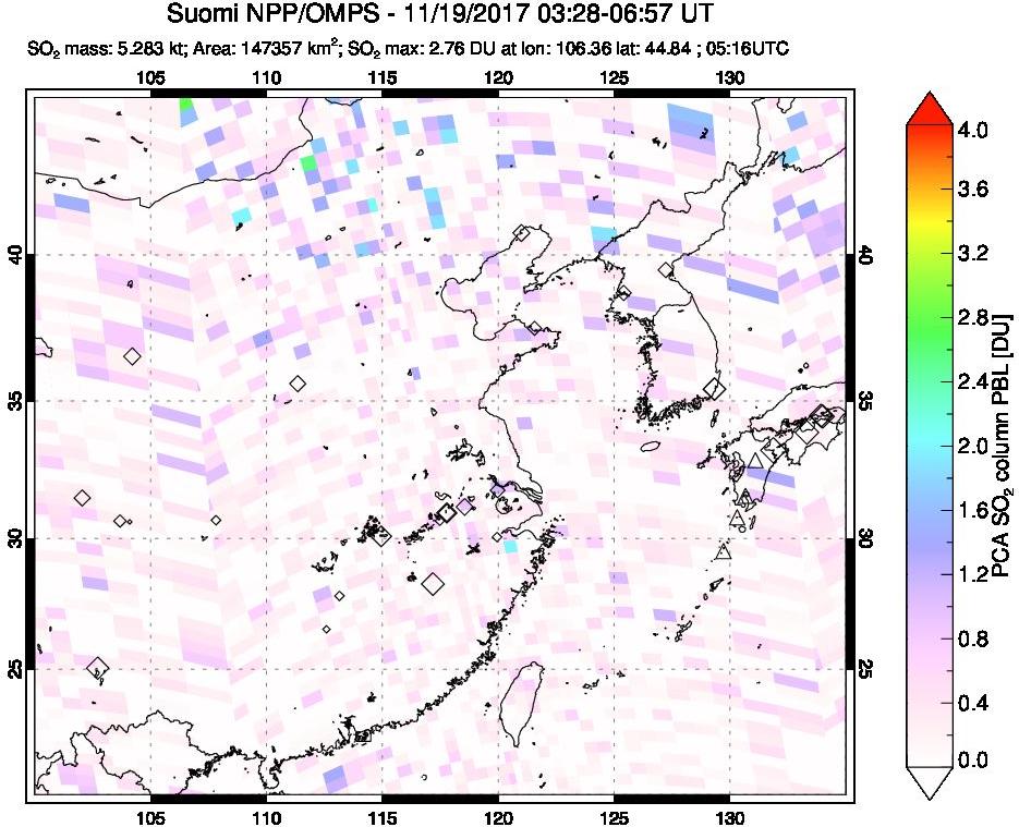 A sulfur dioxide image over Eastern China on Nov 19, 2017.