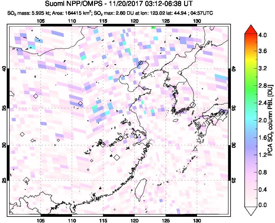 A sulfur dioxide image over Eastern China on Nov 20, 2017.
