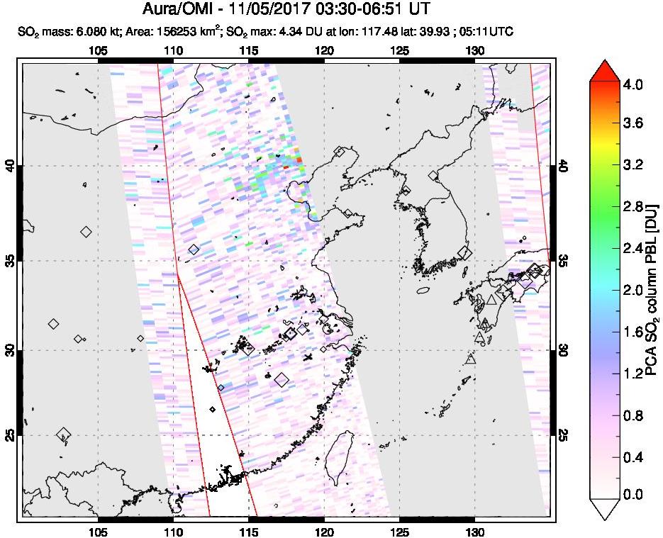 A sulfur dioxide image over Eastern China on Nov 05, 2017.