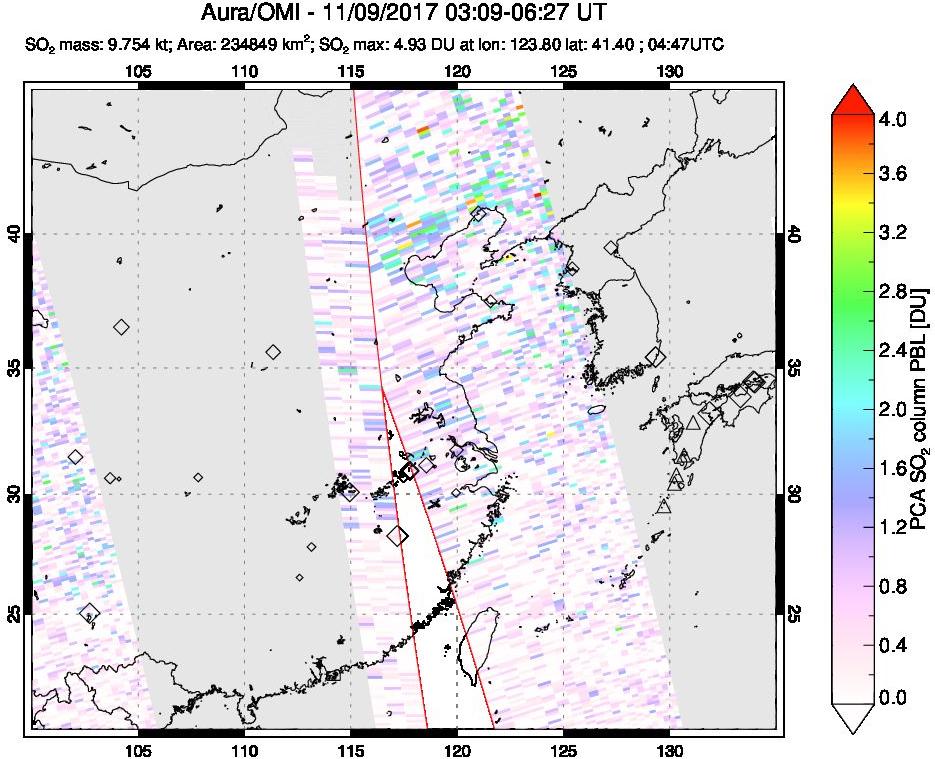 A sulfur dioxide image over Eastern China on Nov 09, 2017.