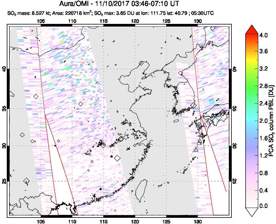 A sulfur dioxide image over Eastern China on Nov 10, 2017.