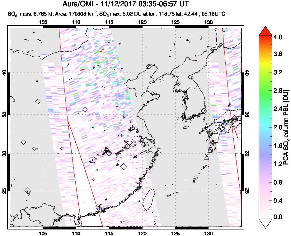 A sulfur dioxide image over Eastern China on Nov 12, 2017.